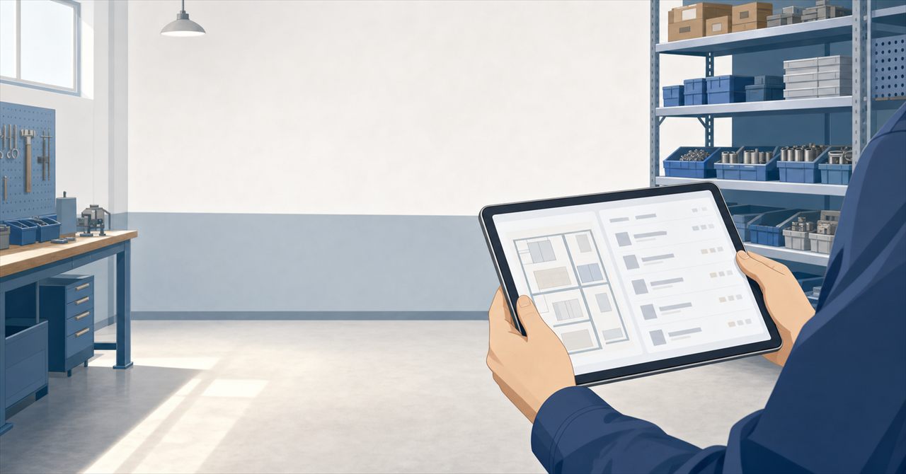 工場でタブレットの在庫管理アプリを使う様子（イラスト）