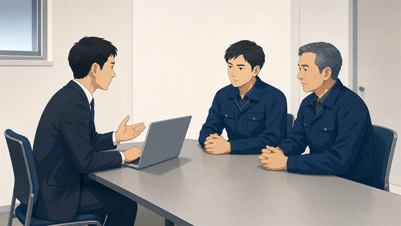 会議室でシステムの見積もりを聞く場面（イラスト）