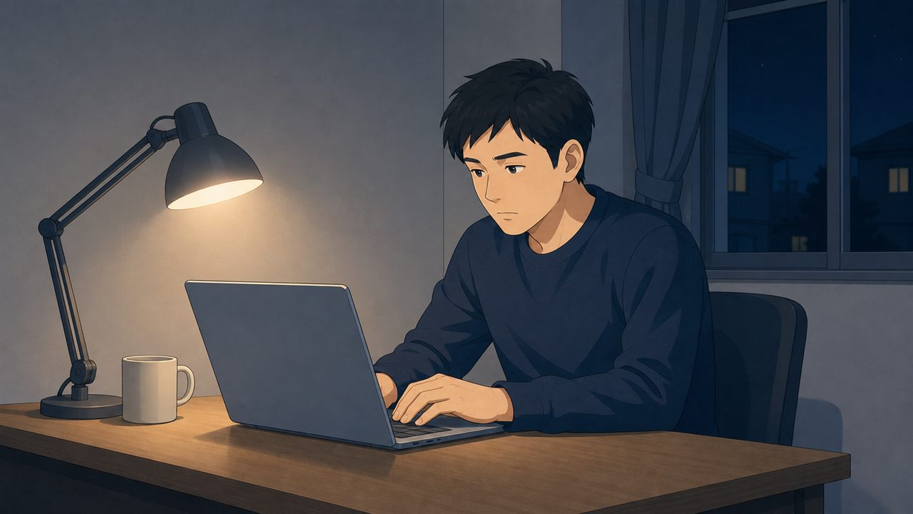 仕事のあと、夜の自宅でアプリを作る様子（イラスト）
