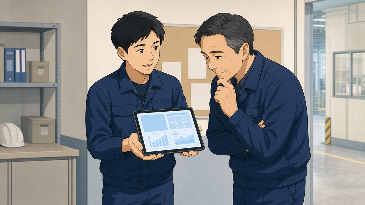 タブレットの画面を上司に見せる場面（イラスト）